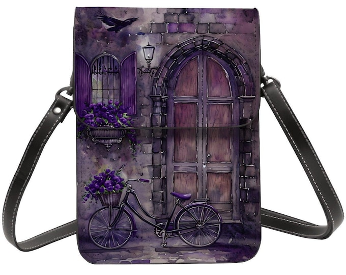 Purple Door Leather Cell Phone Purse: Crow, Bicycle Art Design