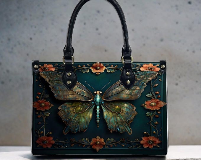Steampunk Moth Handbag, UV-Printed Gothic Tote, Large Capacity