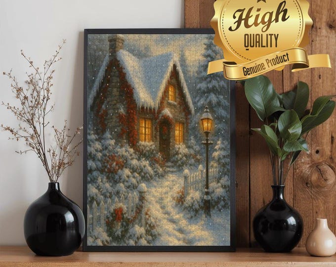 Winter Cabin Wooden Puzzle – 500 or 1000 Pieces | Snow Scene Jigsaw | Holiday Wood Puzzle
