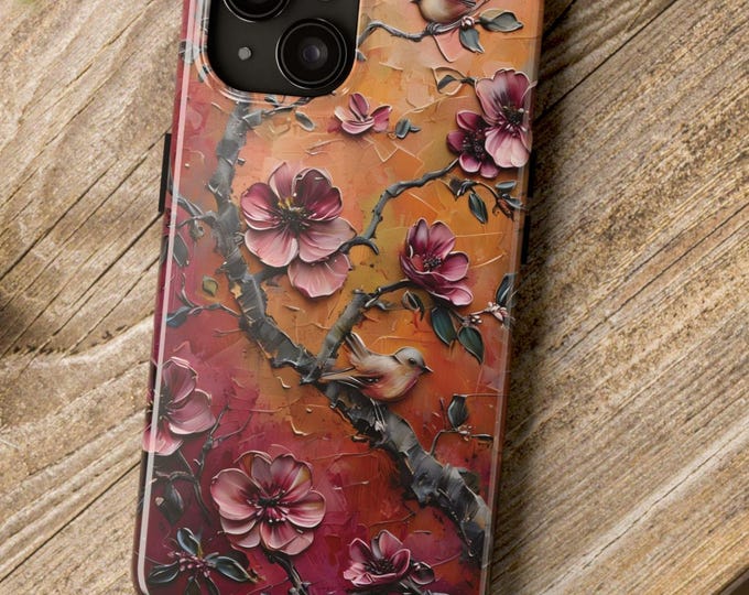 Phone Case, Vintage Tree Branch & Birds Design, Floral Tough Cover, Cell Phone Shell, Protective Case, Pink Flowers, iPhone Accessories