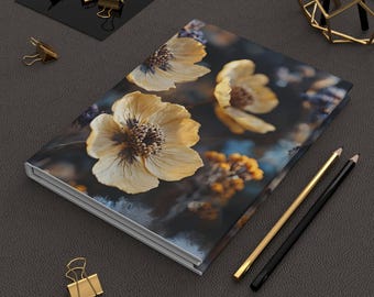 Yellow Poppy Flower Hardcover Journal, Vintage Floral Design, Matte Cover Notebook, Bullet Journal, Gift for Writers, Diary, Sketchbook,