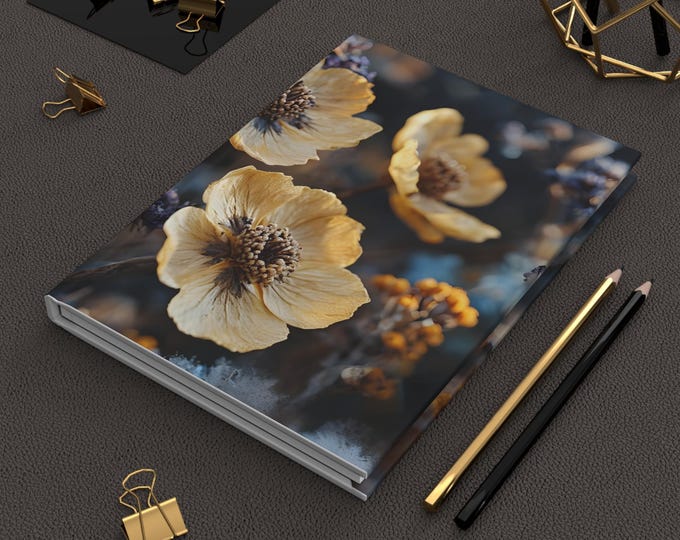 Yellow Poppy Flower Hardcover Journal, Vintage Floral Design, Matte Cover Notebook, Bullet Journal, Gift for Writers, Diary, Sketchbook,