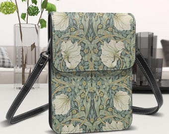 Vintage William Morris Design Leather Cell Phone Purse with Adjustable Strap