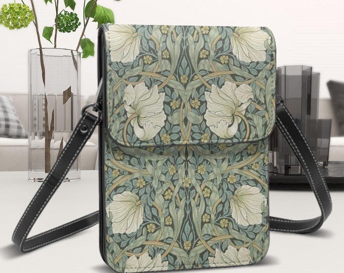 Vintage William Morris Design Leather Cell Phone Purse with Adjustable Strap