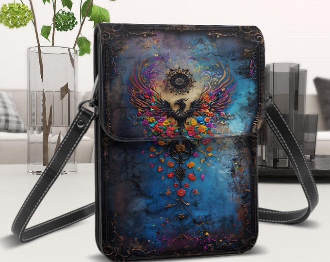 Leather Cell Phone Purse With Shoulder Strap - Crossbody, Blue, Flowers, Phoenix Original Bordered in Design, Plush Lined, Leather PU, Card