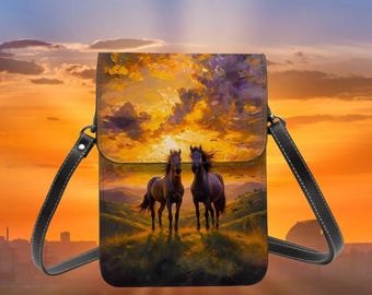 Colorful Sunset Stallions Leather Cell Phone Purse with Adjustable Strap for Dual Phones
