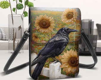 Crow & Sunflower Phone Purse: Faux Leather Crossbody Wallet