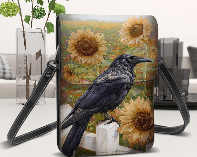 Crow on White Fence in Sunflower Field, Microfiber PU Leather, Cell Phone Purse With adjustable Strap, Card Slots, Crossbody or Shoulder
