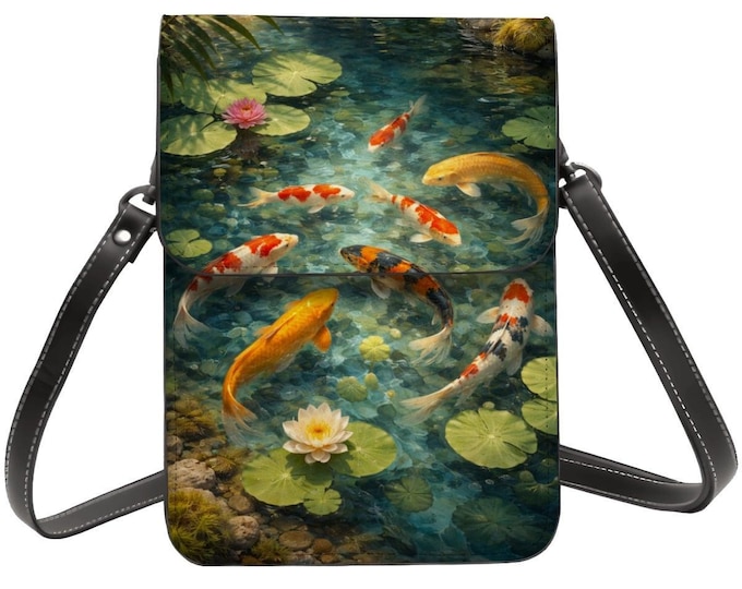 Koi Fish Cell Phone Purse, Japanese Garden Crossbody Bag, Small Phone Wallet for Women, PU Leather Shoulder Bag, Nature Art Gift