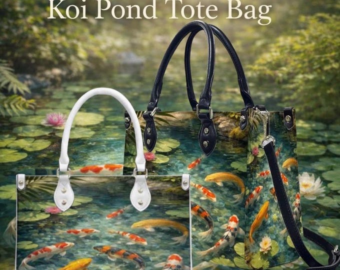 Koi Pond Art Leather Tote Bag, Tranquil Water Garden Crossbody Purse