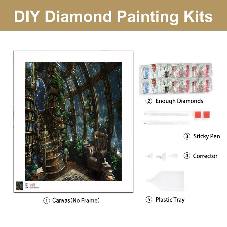 A DIY diamond painting kit with a canvas depicting a whimsical library with a spiral staircase, a large window, and a comfortable armchair. The kit includes enough diamonds, a sticky pen, a corrector, and a plastic tray.