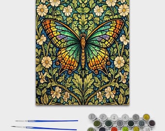 Butterfly Paint by Number Canvas – 16x20 Arts & Crafts, Morris Inspired Painting Kit, Stained Glass Style Wall Art, Relaxing Adult Craft