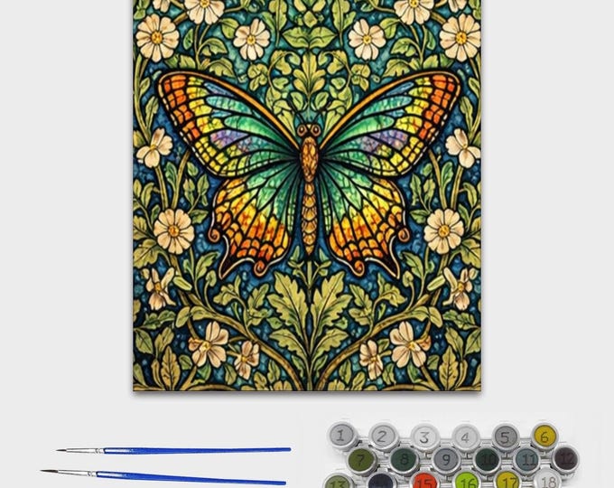 Butterfly Paint by Number Canvas – 16x20 Arts & Crafts, Morris Inspired Painting Kit, Stained Glass Style Wall Art, Relaxing Adult Craft
