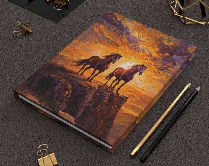 Horses, Journal, 2 Stallions on a Cliff at Sunset Oil Painting Design - Horse Lover Gift, Equestrian Notebook, Animal Art Diary, Hardcover,