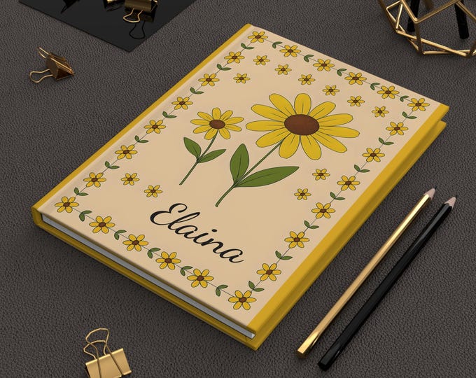 Personalized Floral Hardcover Journal, Motivational Diary, Cute Gift for Her, Writing Notebook, Sunflower Design