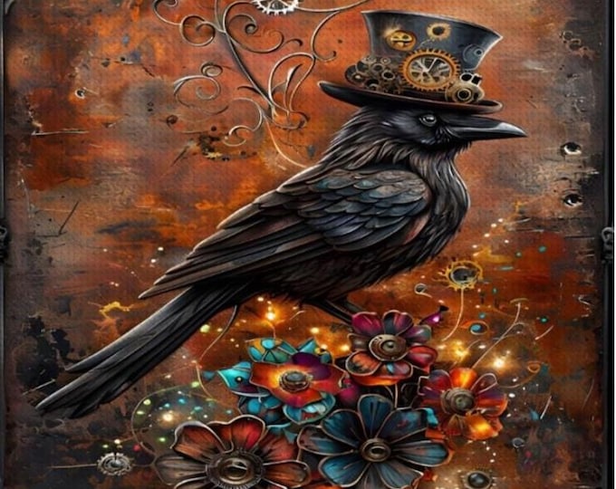 Steampunk Raven Diamond Painting DIY Kit 12x16, 16x20, 20”x28”, Framed or Frameless Version