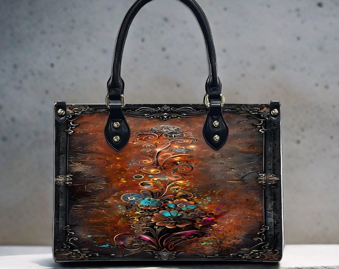 Steampunk Mechanical Floral Leather Tote Bag, Vintage Industrial Crossbody Purse