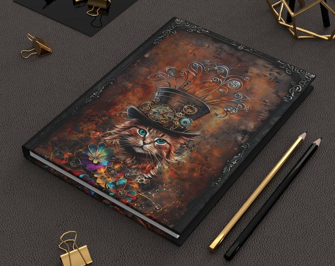 Orange Cat with Top Hat, Hardcover Journal, Steampunk, Antique, Notebook, Diary, Sketchbook, Gift for Writers, Stationery, Mechanical Design