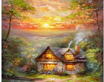 Sunset Cottage, Diamond Painting Kit: DIY Home Decor Craft (12x16, 16x20, 20x28)
