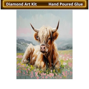 Cow in Field of Flowers, Diamond Painting, Farmer Paintings, DIY Craft, Pasture Landscape, Highland Cow, Heritage, Scenic Farm View, Art Kit
