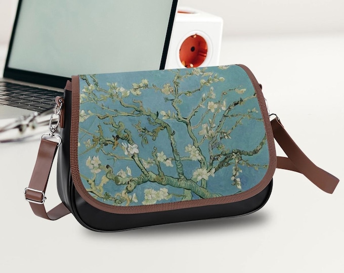 Leather Shoulder Bag, Crossbody Bag, Almond Blossoms by VAN GOGH, Vintage Art, Antique Art Purse Design, Adjustable Removable Strap