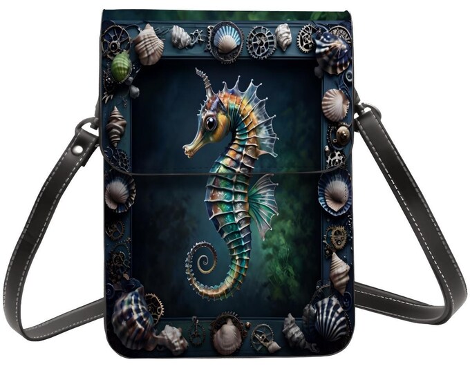 Seahorse, Leather Cell Phone Purse With Shoulder or Crossbody Strap, Seahorse Framed in Design with Sea Shells, Ocean Life Cell Phone Bag