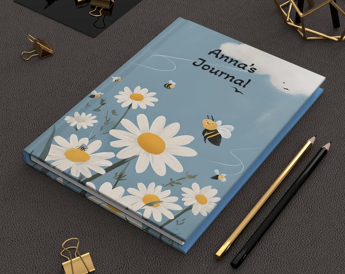 Floral Hardcover Journal - Personalized Journal, Bee Theme, Nature Lover's Gift, Daily Planner, Writing Notebook, Spring Inspiration