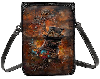 Steampunk Black Cat Cell Phone Purse: Top Hat, Mechanical Gears