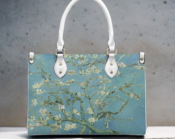 Van Gogh Almond Blossom Tote Bag, Blue Floral PU Leather Shoulder Purse