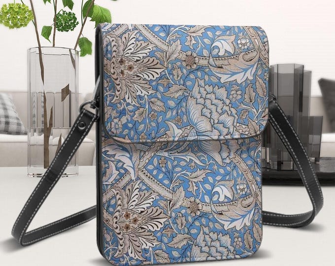 Blue Floral William Morris Design Leather Cell Phone Purse with Adjustable Shoulder Strap and Large Capacity, Vintage Artwork Design