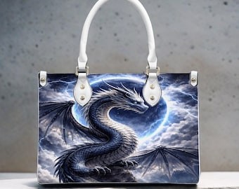 Blue Lightning Dragon Tote Bag, Fantasy Storm PU Leather Crossbody Purse