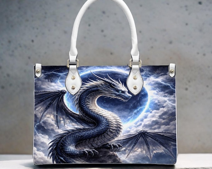 Blue Lightning Dragon Tote Bag, Fantasy Storm PU Leather Crossbody Purse