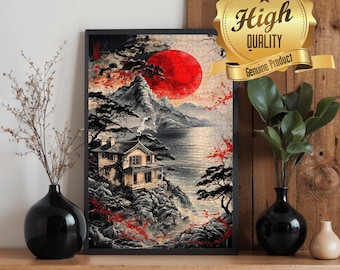 Seaside Asian Art House Wooden Jigsaw Puzzle: Red Sun Lake View