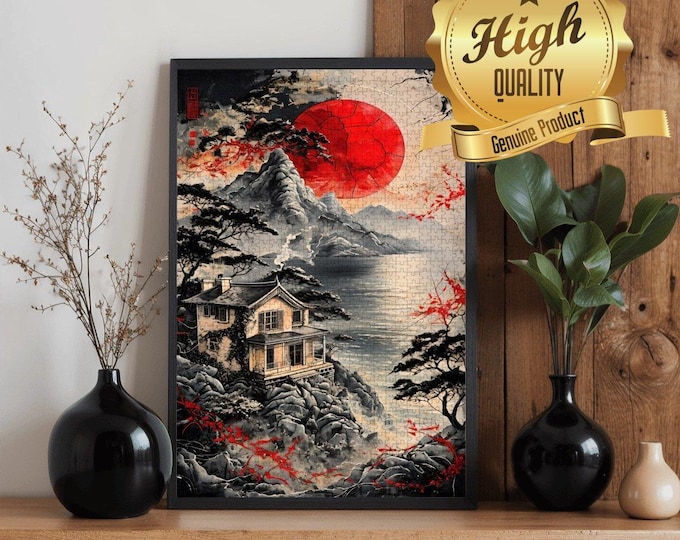 Seaside Asian Art House Wooden Jigsaw Puzzle: Red Sun Lake View