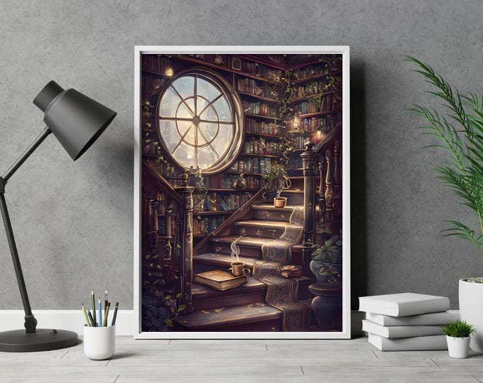 Library Stairs Fine Art Posters, Office Art for Relaxing Viewing, Window Decor, Home Wall Hanging, Unique Gift Idea