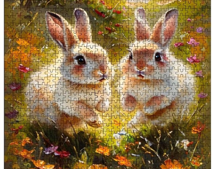 Bunnies in Flower Meadow Wooden Jigsaw Puzzle - Nature Lover Gift