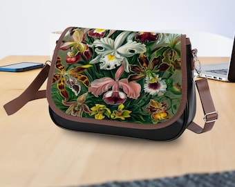 Satchel, Leather Shoulder or Crossbody Bag, Orchids, Vintage Art, Ernst Haeckel, Adjustable Removable Strap, Flap Open, Large Capacity Purse