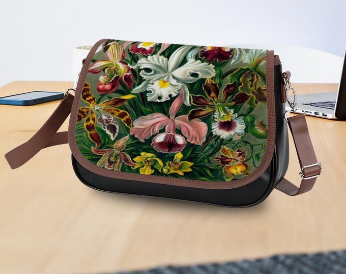 Satchel, Leather Shoulder or Crossbody Bag, Orchids, Vintage Art, Ernst Haeckel, Adjustable Removable Strap, Flap Open, Large Capacity Purse