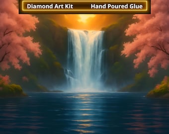Waterfall Diamond Painting Kit, DIY Sunset Art, Pink Blossoms Scene, Vibrant Art Kit, Craft Enthusiast Gift, 16”x20”, Free Shipping