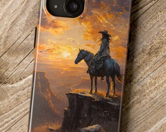 Cowgirl and Stallion Tough Phone Case, Western Cowgirl Sunset Design, Rodeo Lover Gift, Cowboy Horse Cell Phone Cover, Protective Phone