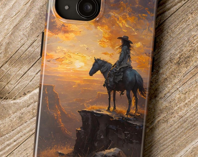 Cowgirl and Stallion Tough Phone Case, Western Cowgirl Sunset Design, Rodeo Lover Gift, Cowboy Horse Cell Phone Cover, Protective Phone