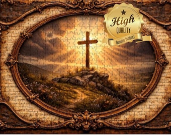 Wooden Cross on Hill Puzzle: Sunset Faith Jigsaw (500/1000 Pieces)