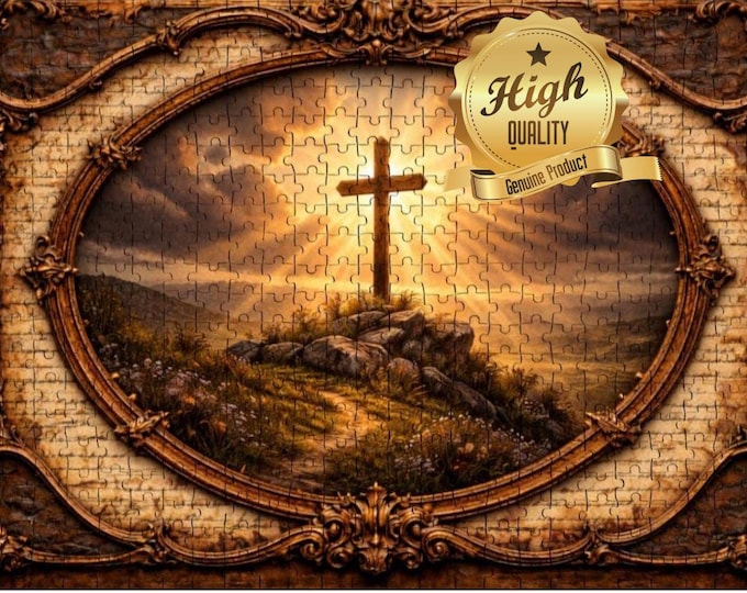 Wooden Cross on Hill Puzzle: Sunset Faith Jigsaw (500/1000 Pieces)