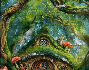 Hobbit House in the Woods, Wooden Jigsaw Puzzles 500 or 1000 Piece, Magical Fantasy Land in the Forest, Precision Cut Oak Wood, High Quality