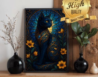 Stained Glass Cat Jigsaw Puzzle • Gothic Art Nouveau, Floral
