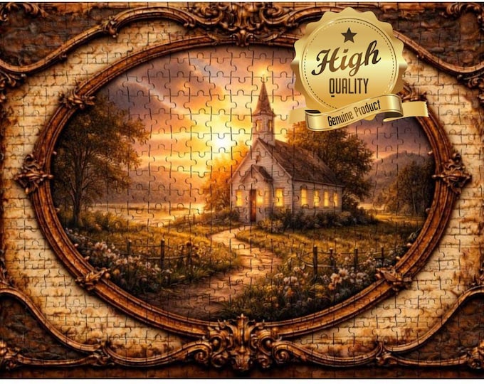Country Church Sunset Wooden Puzzle 500 or 1000 Piece Jigsaw Puzzle Christian Chapel Landscape Puzzle Oak Wood Faith Puzzle Gift