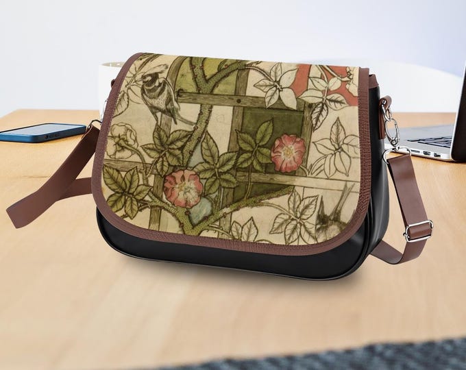 Woodpecker, Leather Shoulder or Crossbody Bag, Fence Design, Vintage Art Morris, Large Capacity, Adjustable Removable Strap, Flowers, Vines