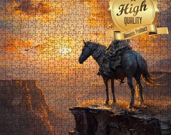 Cowgirl on a Cliff at Sunset, Wooden Jigsaw Puzzle, Precision Cut High Quality Nature Lover Inspired Puzzle, 500 or 1000 pieces, Family Time