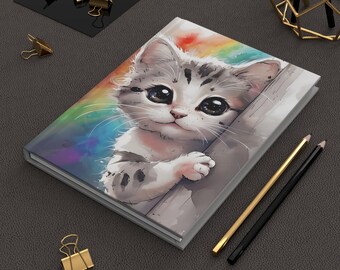 Adorable Cat Hardcover Journal, Cute Kitty Notebook for Cat Lovers, Gift for Students, Animal Lover Journal, Rainbow Design