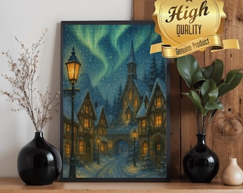 Northern Lights Village Wooden Jigsaw Puzzle – Cozy Winter Holiday